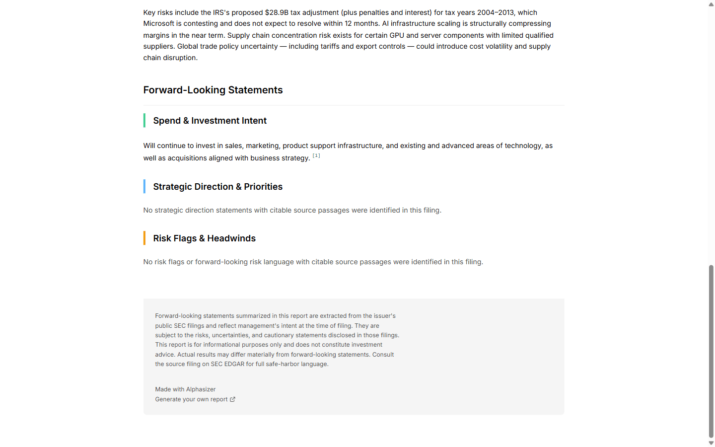 Alphasizer's forward-looking statements for Microsoft, with each claim cited back to the exact passage in the source 10-K